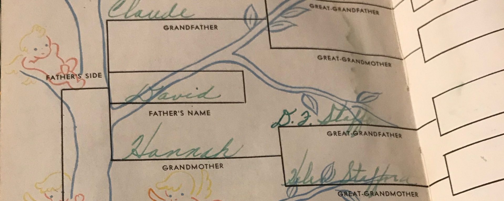 The family tree in Ilene's baby book names three of the four pairs of great-grandparents, with the spaces for Grumpy's parents names left blank.