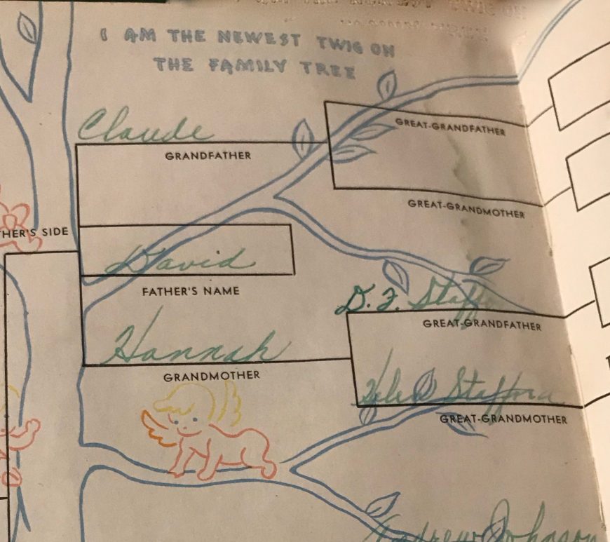 The family tree in Ilene's baby book names three of the four pairs of great-grandparents, with the spaces for Grumpy's parents names left blank.