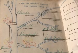 The family tree in Ilene's baby book names three of the four pairs of great-grandparents, with the spaces for Grumpy's parents names left blank.