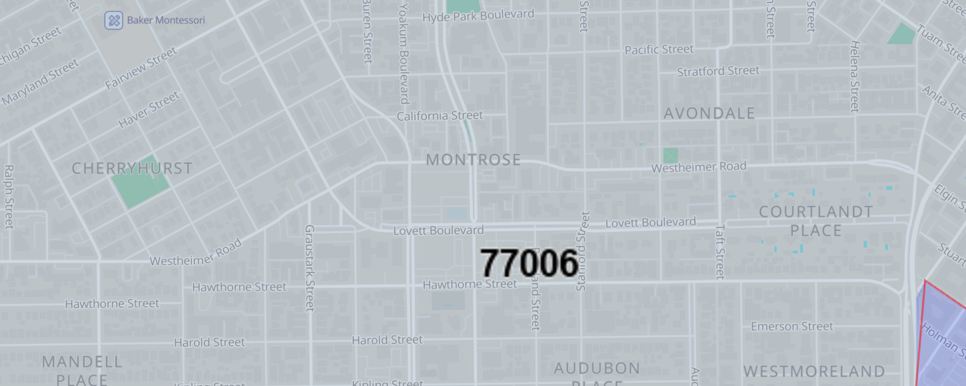 A map showing 77006 zip code area of Houston, Texas, knowing as The Montrose, acknowledging the boulevard running through