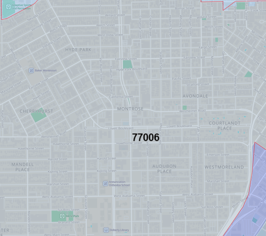 A map showing 77006 zip code area of Houston, Texas, knowing as The Montrose, acknowledging the boulevard running through